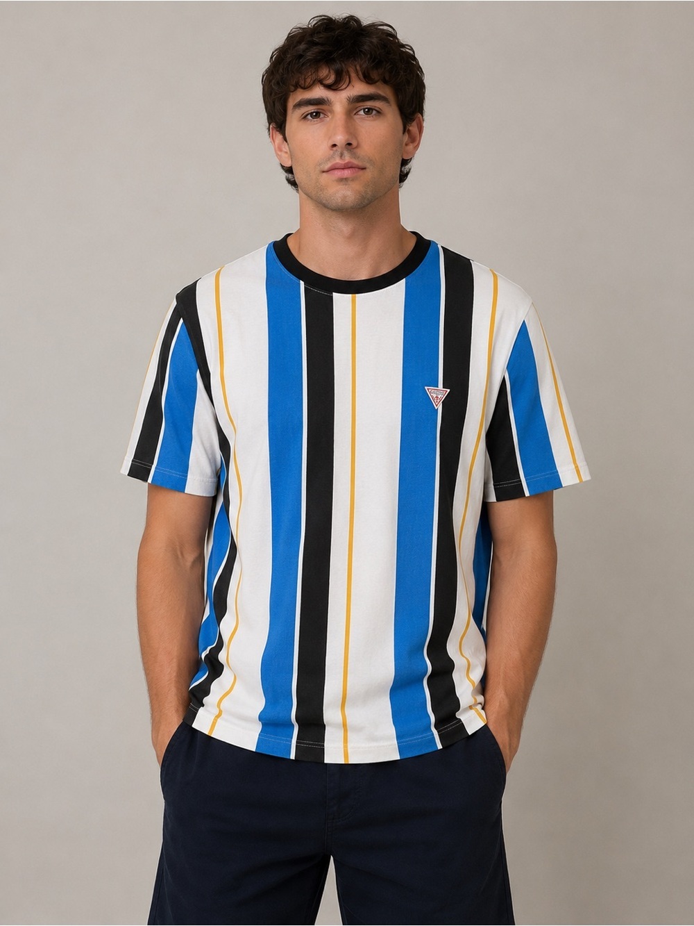 Guess Striped Crewneck T-Shirt in Blue, Black & White